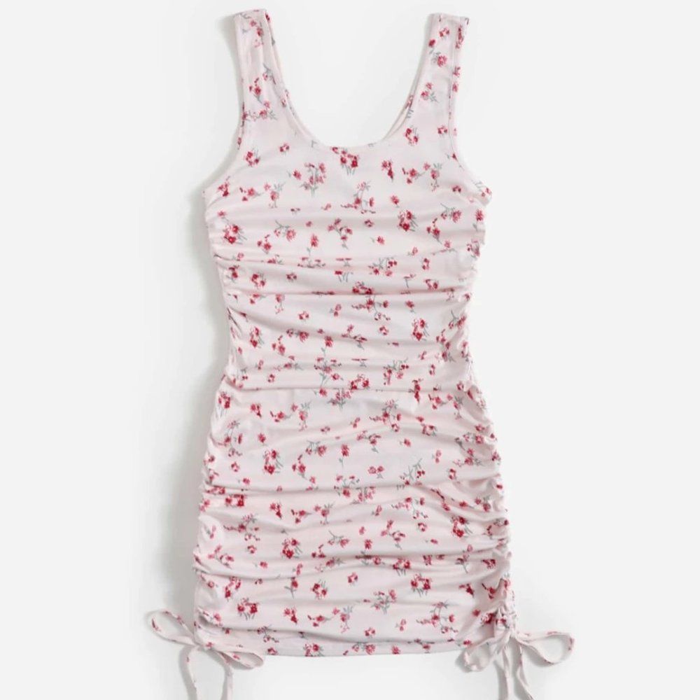 ✨️Ruched Summer Tank Dress drawstring side floral pink and white